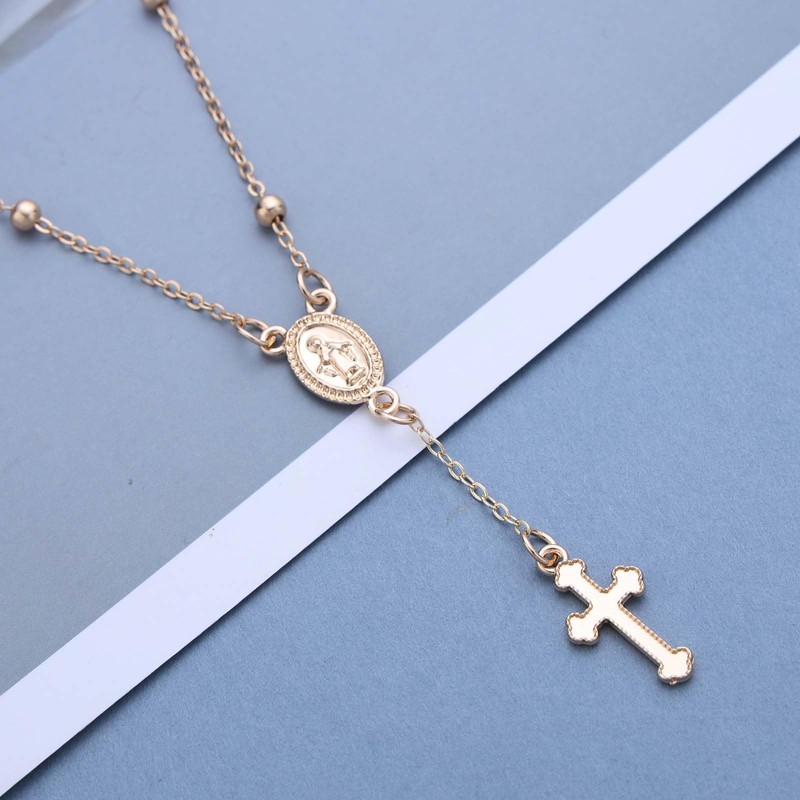 TseanYi Coin Cross Pendant Bracelet Gold Mary Bracelet Rosary Cross