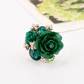 CZ Green Rose Flower Resin Statement Ring for Women Gold Plated Cubic Zirconia Adjustable Open Band Finger Rings Birthday Mother's Day Jewelry Gifts