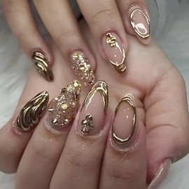 24Pcs Gold French Tip Press on Nails Medium Almond Fake Nails with Glitter Rhinestones Design Gold Chrome Press ons Glossy Nude Acrylic Nails Full Cover Reusable Artificial Stick on Nails for Women