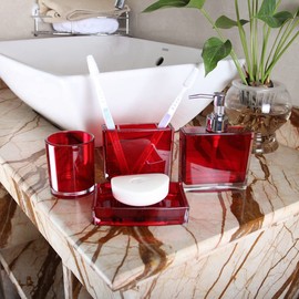 TUANYO Red Bathroom Accessories Set - 5 Pcs Acrylic Bathroom Accessory Set - Toothbrush Holder, 2 Toothbrush Cups,soap Dispenser, soap Dish for Bathroom(Red)
