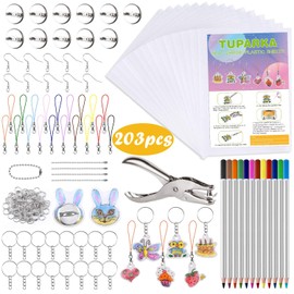 TUPARKA 203 Pieces Heat Shrink Plastic Sheet Kit, 25 Sheets Shrink Film Art Paper, Rolling Mills, Coloured Pencils and 165 Pieces Keyring and Jewellery Making Accessories