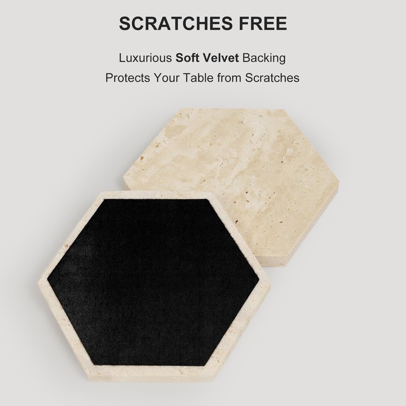 YONGHEE Travertine Coasters Set of 6 with Holder, Hexagonal Rustic