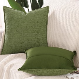 Madizz Set of 2 Chenille Velvet Cushion Covers with Edge, Decorative Soft Neutral Throw Cushions for Sofa, Boho Accent Decorative Cushion Covers for Bedroom, Living Room, Light Green, 40 x 40 cm