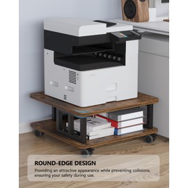 AOOSSI Mobile Printer Stand, 2-Tier Large Printer Shelf for Laser 3D Printer Office Machine with Storage, 23.6"x23.6" Wood Printer Cart Under Desk Rack with Wheels for Office Home Kitchen (Brown)