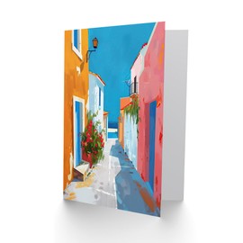 Artery8 Greeting Card Greek Coastal Village Street Painting Calm Sunny Blank For Him Or Her Art Holiday Card