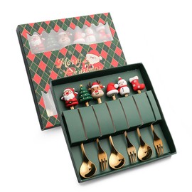 FRUHLING Set of 6 Christmas Spoons, Forks Set, Stainless Steel Christmas Coffee Spoons, Christmas Forks, Dessert Spoons, Tea Spoons, Mixing Spoons, Christmas Cutlery with Gift Box, 3 Spoons, 3 Forks