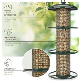 wildtier liebe Bird Feeder 35 cm, Green - Peanut Feeder Made of Rustproof Metal, Bird Feeding Station, Feeding Column, Nuts, Peanuts, Wild Birds Feeder Silo