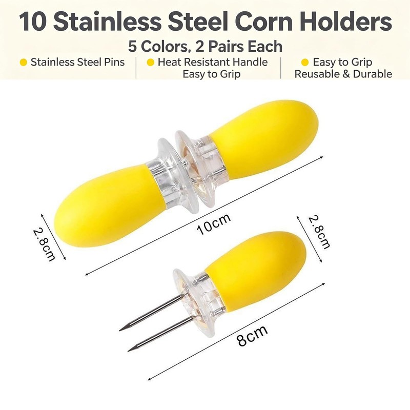LAIYORA 10Pcs Steel Corn Skewers & Holders 5 Colours for