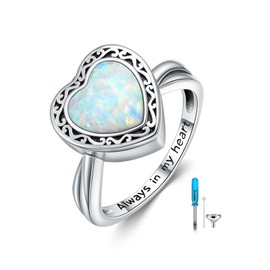 Heart Cremation Ring for Ashes 925 Sterling Silver Opal Urn Keepsake Rings Always in My Heart Memorial Jewelry for Women, Size 9
