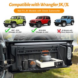 MAIKER Tailgate Table 3 Storage Bags for Jeep Tailgate MOLLE Panel for 2007-2024 Jeep Wrangler JK JKU JL JLU Foldable Cargo Shelf Aluminum Alloy Storage Shelf (Not Fit JK Models with Stock Subwoofer)
