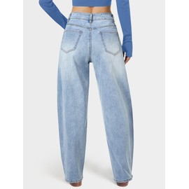 AUWUKA Barrel Jeans for Women, High Waisted Wide Straight Leg Boyfriend Microelastic Womens Mom Jeans Light Blue