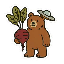 Cute Bear with Beetroot and UFO Vinyl Sticker - Fun Animal Decal for Laptops, Water Bottles, and Journals (2.75" x 3")