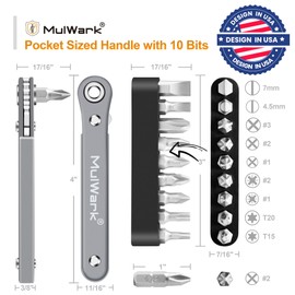 MULWARK 11pc Right Angle Screwdriver 1/4 Mini Ratchet Wrench Close Quarters Pocket Screwdriver Set with High Torque & Low Profile- EDC Tool with 90 Degree Mini Offset Reversible Drive Handle