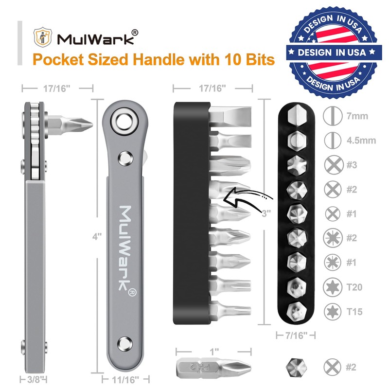 MULWARK 11pc Right Angle Screwdriver 1/4 Mini Ratchet Wrench Close