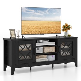 Tangkula Farmhouse TV Stand for TVs Up to 65-in, Classic Media Entertainment Center w/Glass Door Cabinets & 4 Adjustable Shelves, Modern TV Console Table w/ 3 Cable Holes for Living Room (Black)