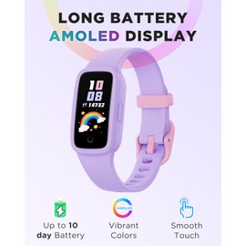 BIGGERFIVE Vigor 3 Kids Fitness Tracker Watch, AMOLED Screen, No App or Phone Needed, 3ATM Waterproof, Heart Rate & Sleep Monitor, Pedometer & Step Counter Smart Watch for Girls Ages 5-15 (Lilac)