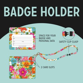 Legami - Lobster Clasp ID Card Holder with Safety Clip Closure, 1 Clear Window, PU Leather Card Slots, Size 4.1 x 3.5 inch, Flower