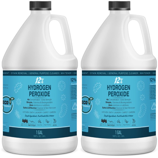 12% Hydrogen Peroxide Solution - 2 Gallons (Just Food-Grade H2O2 & Water!) - Ecofriendly Natural Cleaning Solution for Kitchen, Bath, Laundry, and Home - HDPE Jug with Child-Safe Cap Made in USA