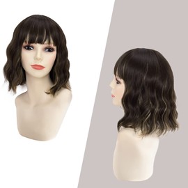 Yamel Wavy Bob Wig with Bangs Dark Brown mix Bleach Blonde Wig Synthetic Hair Shoulder Length Short Curly Wigs for Women