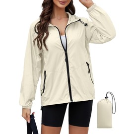 PITINAN Waterproof Rain Jacket Womens Lightweight Hiking Rain Jacket for Women Packable Hooded Raincoat Windbreaker With Pockets Beige M
