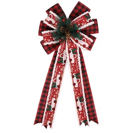 Large Christmas Bow for Wreath, Red Black Buffalo Plaid Wreath Bow for Front Door Decor White Velvet Winter Truck Decorative Bow with Pine Cone for Xmas Home Outdoor Indoor Party
