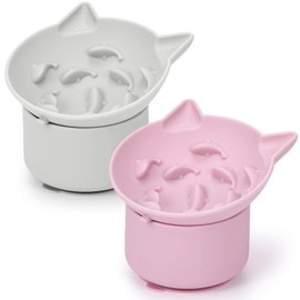 Funnymoom 2 Pack Silicone Cat Slow Feeder, Elevated Slow Feeder Cat Bowl for Dry and Wet Food, Tilted Design with Non Slip Base, Adjustable Angle for Pet (Gray and Pink)