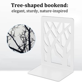 DARUITE Book Ends, Decorative Metal Bookends, Non-Skid Book Holder, Book Ends for Shelves, Book Organizer for Home, Office Desk, Kitchen (2 Pairs, 6.9 x 3.5 x 4.7 in, White)