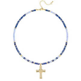 JEMUALE Beaded Necklaces for Women Gold Cross Necklace Natural Stone Dainty Faith Cross Pendant Charm Necklace Gifts Blue
