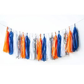 Orange and Blue Tassel Garland Paper Tissue Tassels Garland for Party Decorations, (Blue,Orange,Silver,White,20PCS)