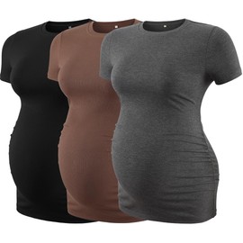 Liu & Qu Womens Maternity Shirts Ribbed Short Sleeve Maternity Tops Casual Crew Neck Side Ruched Pregnancy Clothes 3 Pack