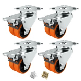 ASHGOOB Caster Wheels, 2inch Casters Set of 4 Heavy Duty, Two-Wheeled Orange TPE Casters with Brake, Double-Wheeled Swivel Plate Locking Castor Wheels Widely Used in All Kinds of Furniture.(4 Pack)