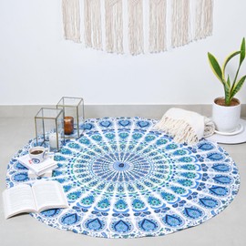 RAJRANG BRINGING RAJASTHAN TO YOU Ombre-Mandala-Wandteppich, 121,9 cm, rund, Tischdecke aus reiner Baumwolle, Hippie, dekorative Trippy-Wandteppiche, Bohemian-Boho-Indisch – Himmelblau
