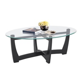 LKTART 48" Oval Glass Coffee Table with Tempered Glass Top Cross and Solid Wood Base Simple & Modern Center Table for Living Room Office Apartment Black