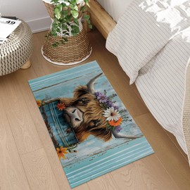 Plistiz Highland Cow Floral Crown Indoor Door Mat, 17x29.5 Inch, Floor Area Rug for Entryway, Living Room, or Bathroom, Non-Slip Doormat, Adorable Farm Animal Design with Rustic Home Decor Rug Gifts