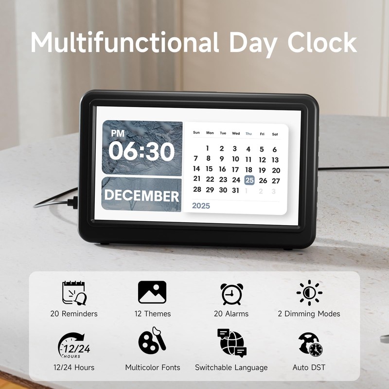 Raynic Alarm Clock, 7 Inch Digital Calendar Clock with 12