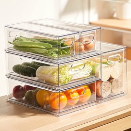 MineSign 4 pack Stackable Refrigerator Organizer Bins Pull-Out Drawers for Fruit and Veggies Storage Organizer for Fridge Clear Drawer Containers with Handle Divided Organization for Produce Saver