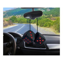 Dickno 2 PCS Fuzzy Plush Dice for Car Mirror, 3" Soft Retro Square Heart-Shape Rearview Mirror Ornament, Universal Interior Hanging Dice Decor Accessories for Women (Black & Red)