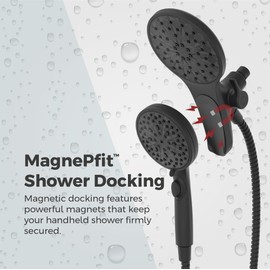 Pfister HydroFuse Shower Head and Handheld Combo, Hose Included, Magnetic Docking, 6-Function, 1.75 GPM, Spot Defense Matte Black Finish, 020WS2HFM01SDB