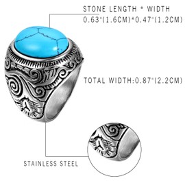 OIDEA Stainless Steel Rings Silver for Men Women Classic Retro Charm Artificial Turquoise Stones Stainless Steel Ring Men's Ring with Engraving, Ring Sizes 54 (17.2) - 76 (24.2), Stainless Steel,