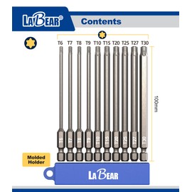 LABEAR - TORX Bit Set, 10-Piece 6 Point TORX Screwdriver Bit Set. S2 Steel 4" Star Bit Set (T6, T7, T8, T9, T10, T15, T20, T25, T27, T30)