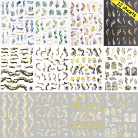 VOTACOS 12 Sheets Nail Art Stickers Decals White Black Gold Stripe Line Nail Decals Self-Adhesive Marble Wave Nail Art Supplies for Nail Decorations 3D Nail Accessories for Women French Nail Design