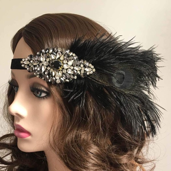 Zoestar Flapper Headband 1920s Feather Headpiece Gatsby Crystal Headpiece Feather Hair Accessories for Women and Girls (Style 6)