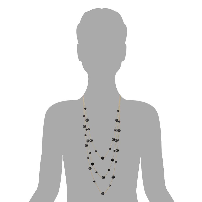 Gold White Statement Necklace Three-Strand Long Chains with Black Pearl