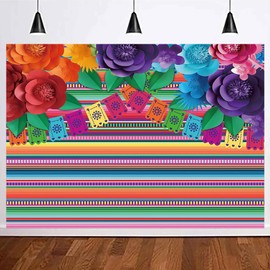 DOTOOMA 7X5FT Colorful Flower Mexican Fiesta Photo Backdrop Polyester Fabric Stripes Banner Supplies Photography Background Picture Newborn Party Supplies