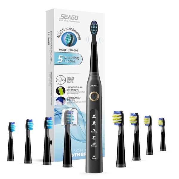 SEAGO Electric Toothbrush for Adults, Ultrasonic Toothbrushes with 8 Brush Heads, Rechargeable Electronic Toothbrush, Black, SG-507