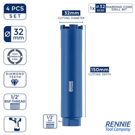 32mm x 150mm Long Diamond Core Drill Bit Set Includes SDS Adapter, Hex Shank Adapter & Centre Drill Bit. To Be Used In Concrete Masonry Brick Block Stone Granite Diamond Drill Bit Core Accessories