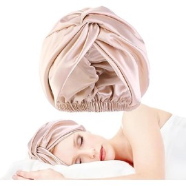 Silk Hair Wrap for Sleeping Silk Bonnet Night Sleep Cap for Curly Hair Double Layer Soft Silky Head Scarf Shower Caps for Women Hair Beauty Satin Bonnet With Adjustable Elastic Washing Makeup (Shallow Khaki)