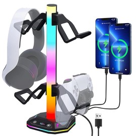 auvstar RGB Headset Holder with Weighted Base, Headphone Holder, Gaming Headset Holder with USB Type-C Chargers and Data Transfer, Suitable for Headphones and Handles (Black)