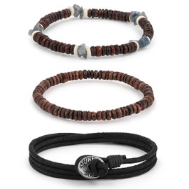 LOCAL LEAGUE Mens Surfer Beaded Leather Bracelet Set of 3 SURF CREW HAWAII - Adjustable Cord Wristband Beads Man Boys Wrap Rope Holiday Party Clubbing Festival Gift, Leather