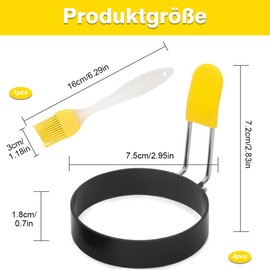Fried Egg Mould, Pack of 4 Fried Egg Moulds for the Pan, 3 Inch Stainless Steel Egg Ring Pancake Shape Egg Ring with Folding Handles and Oil Brush for Fried Eggs Sandwiches Meatloaf (Black)